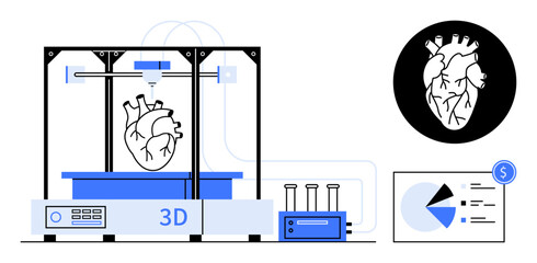 Advanced 3D printer producing human heart model surrounded by lab tubes, data pie chart, and dollar icon. Ideal for medical innovation, biotechnology, 3D printing, healthcare, research, cardiology