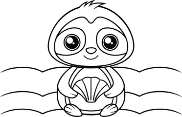 Cute Cartoon Sloth with Seashell Coloring Page on Transparent Background