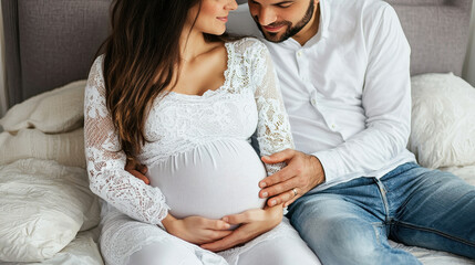 couple shares peaceful moment together, embracing joy of impending parenthood while sitting on cozy bed