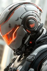 Futuristic warrior in sleek armor with glowing orange accents portrayed in a high-tech environment Generative AI