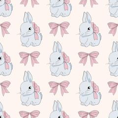 Obraz premium Easter bunny Seamless Pattern. Cute Girlish bunnies for kids standing with placard. Rabbit or hare, spring festive animal with Pink Bow. Hand Drawn holiday decent vector character