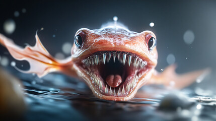 monstrous deep sea creature with bioluminescent features emerges from dark waters, showcasing its sharp teeth and fierce expression, evoking sense of awe and fear