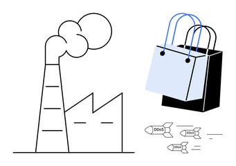 Industrial factory emitting smoke, a blue and black shopping bag, and cyber threats symbolized by flying DDOS bombs. Ideal for environment, commerce, cybersecurity, industrial impact, consumerism