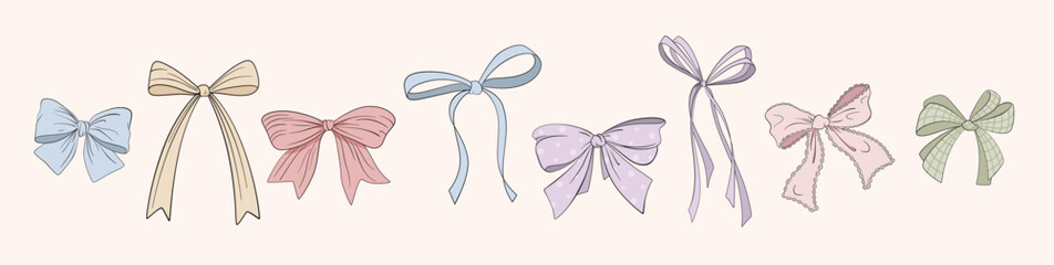 Set of various bows, gift ribbons. Bowknots hand drawn . Fashionable vector illustration. Hair accessories. Bow knots for gift wrapping. Gift bows, magic bow illustration.Celebration, party