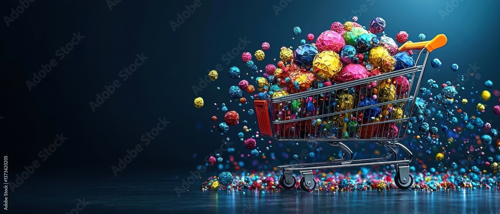 Aufkleber a shopping cart bursting with colorful spheres, creating a dynamic and playful visual effect.