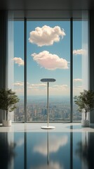 Modern interior with tall windows showcasing skyline and clouds fills the space with natural light and tranquility Generative AI
