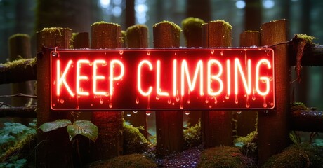 Bold neon sign reading keep climbing in fiery red and white mounted on wooden fence deep in forest surrounded by moss roots and glowing dew drops