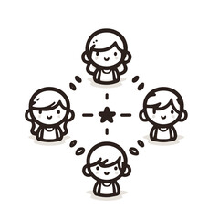 Group of four cute cartoon characters happily representing connection and teamwork against a white background [with copy space]