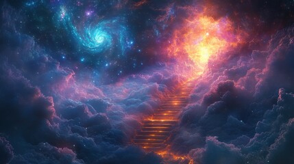 Fototapeta premium Surreal Cosmic Staircase Ascending Through Colorful Nebula Clouds