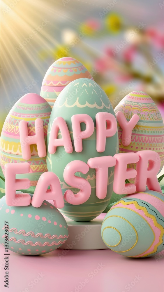 Poster delight in a joyful display of pastel-colored eggs adorned with intricate patterns celebrating the s