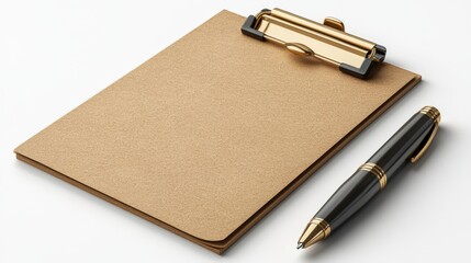 Brown Clipboard with Pen on a White Background