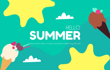 Hello, Summer! Tropical vacation design template. Minimal shapes