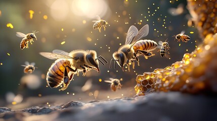 Fototapeta premium Close-up of Bees Collecting Pollen in Natural Environment