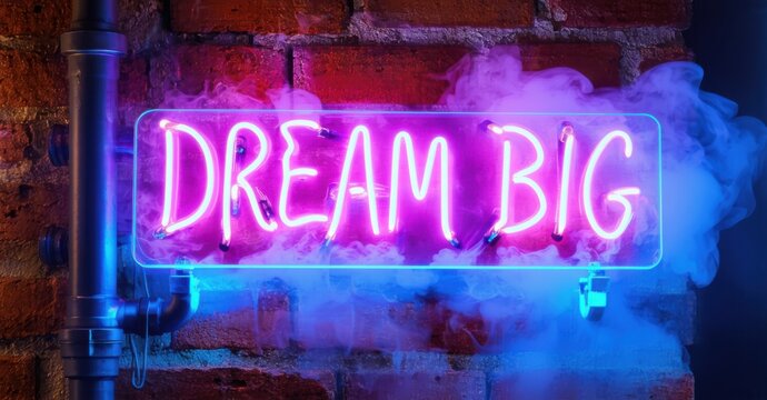 Vibrant sign dream big in blue and pink glowing neon mounted on old bricks with reflections steel pipes and subtle steam