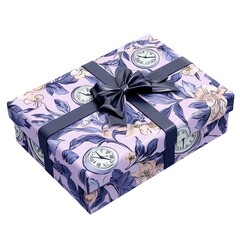 Elegant gift box adorned with floral pattern and clock design, featuring a navy satin bow, perfect for special occasions
