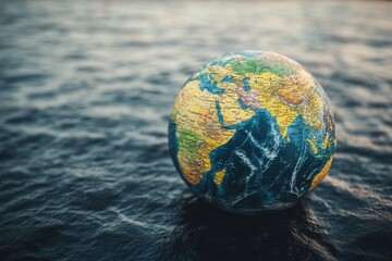 A miniature globe rests on a dark, textured surface, evoking a sense of the world's fragility and interconnectedness.