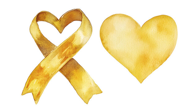 Watercolor yellow ribbon and heart for Childhood Cancer Awareness Month , clipping path  -  
