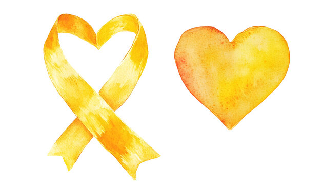 Watercolor yellow ribbon and heart for Childhood Cancer Awareness Month , clipping path  -  