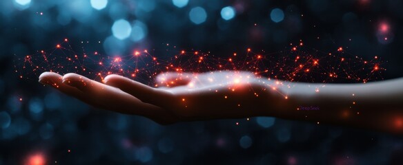 A hand holding a glowing red object with a blurry background