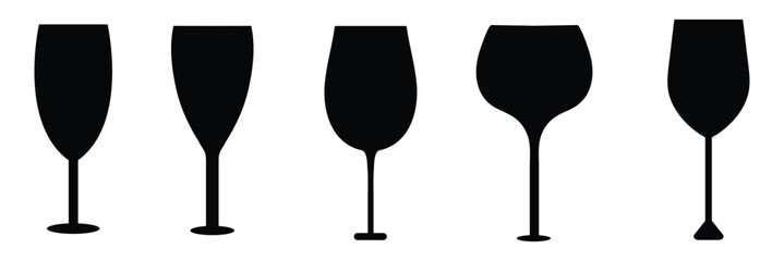 Silhouettes various alcohol cocktail glasses bar set. Black Isolated Glasses of wine, glasses of beer, bar bottles and shot glasses .Vector Illustration . EPS 10 .