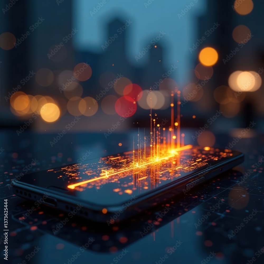 Poster a smartphone rests on a reflective surface illuminating a stunning display of radiant data visualiza