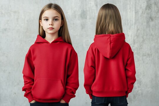 A young girl wears a plain red hoodie, front and back, for a hoodie design mock up