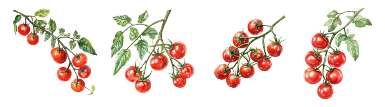 Watercolor set of cherry tomato branches png. Tomato branches with green leaves and red vegetables. Organic farm vegetable and produce concept. Vector illustration.