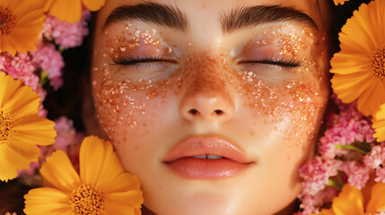 Rostro femenino con pecas y brillo rodeado de flores de colores