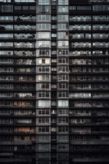 Obraz premium Symmetrical facade of modern apartment building at dusk