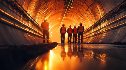 team of construction workers in safety gear inspecting tunnel illuminated by warm light, reflecting on wet ground