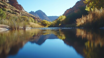 Serene mountain river reflecting the autumnal landscape.  A tranquil scene of nature's beauty.