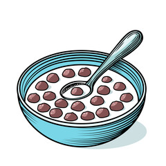 cereal with milk and spoon. chocolate and colored flakes. vector illustration in sketch style on white background