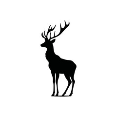 A black and white vector illustration of a deer with detailed antlers in a natural pose on a white background