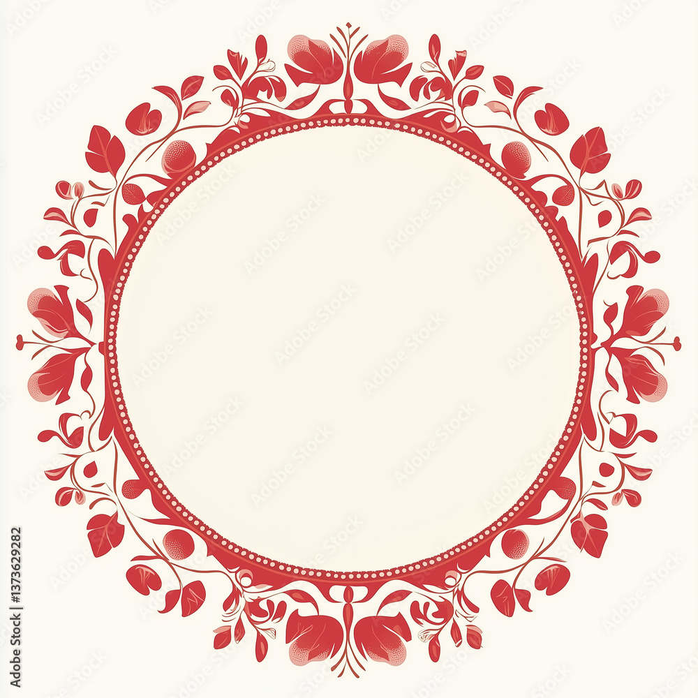 Poster Elegant circular floral frame in red with decorative elements on a light background