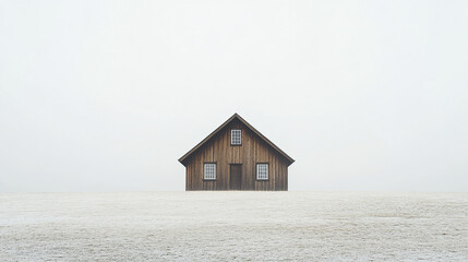 Minimalist wooden house on snowy field with foggy sky