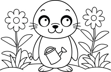 Cartoon Seal with Watering Can Between Flowers on Transparent Background