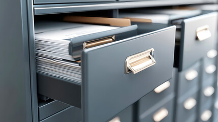 Explore the intricacies of a modern filing cabinet with open drawers revealing organized documents and paperwork