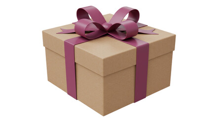 Isolated Gift Box Wrapped in Brown Paper with Purple Ribbon and Bow