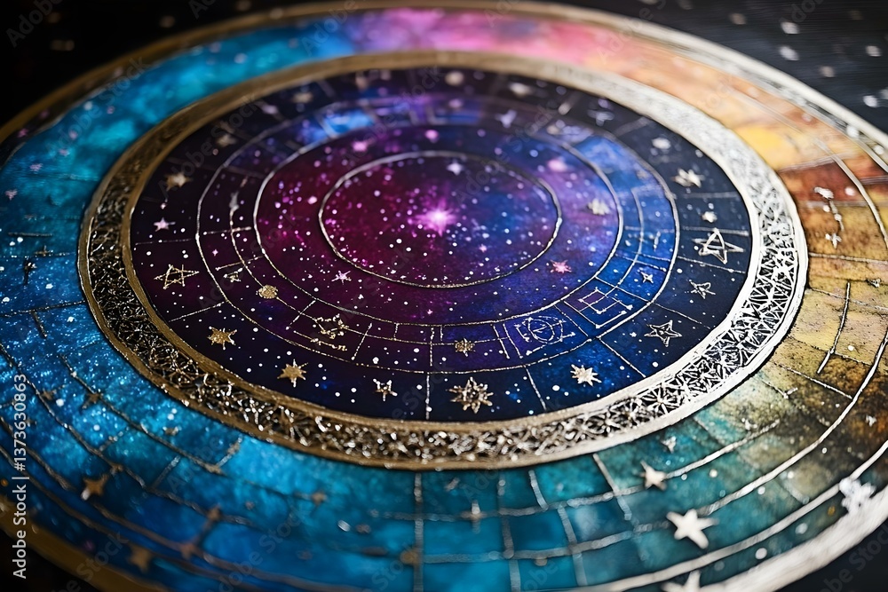 Poster a colorful celestial map or astrological chart with intricate patterns, stars, and a galaxy backgrou