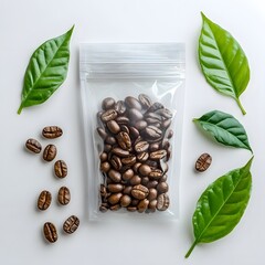 Close up photograph of freshly roasted coffee beans in a transparent ziplock bag surrounded by lush green leaves on a bright minimalist background