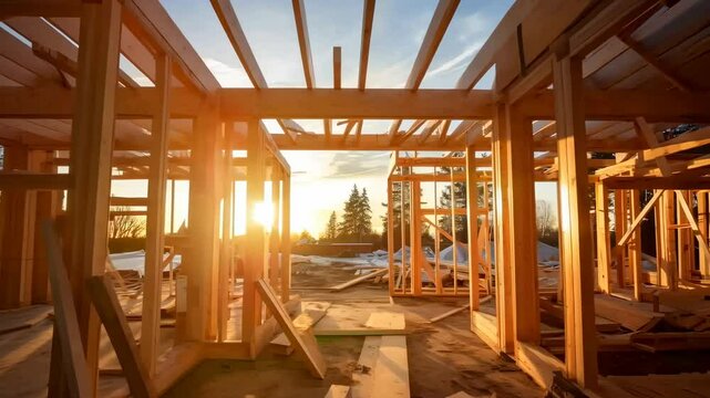 Wide-angle shot of a wooden house frame under construction at sunset, capturing the serene and hopeful mood of a timelapse video project.