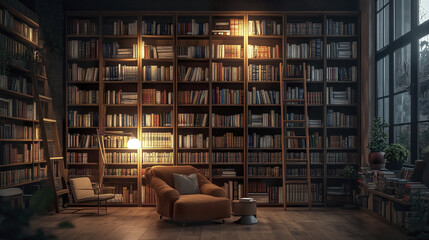 cozy modern loft library with massive floor to ceiling bookshelves