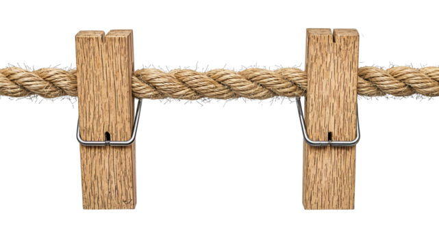 rope secured by two clothespins, isolated on white background.