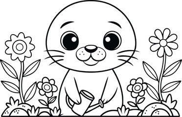 Seal With Watering Can in Flowers Garden Line Art on Transparent Background
