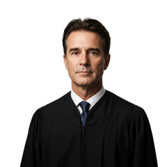 Solemn judge in judicial robe gazes directly, embodying authority and the pursuit of justice.