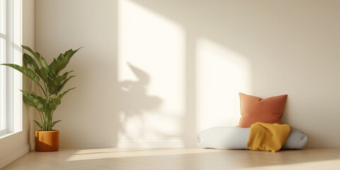 A white room with a plant and a pillow. The room is empty and has a minimalist feel