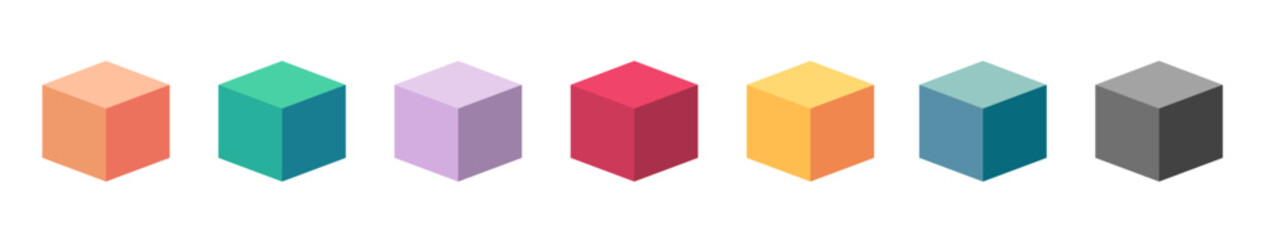 Fototapeta premium Cube block 3d icon element isolated set vector graphic, brick pixel geometric single box solid black peach red blue green yellow purple shapes, simple minimal item piece package perspective clip art