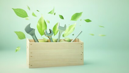 3D rendering of a wooden toolbox with green leaves and tools flying out, isolated on a pastel background