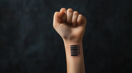 A raised fist with a barcode tattoo symbolizes human trafficking and modern slavery.