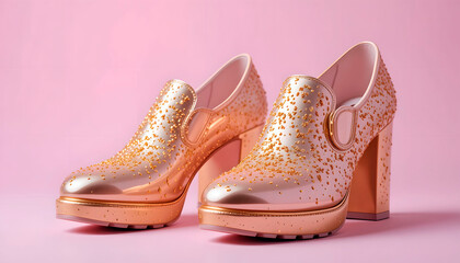 Stylish gold high heels with glittery details on a pastel pink background - fashion concept
